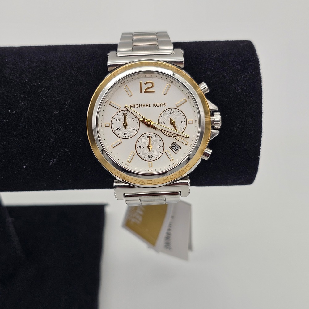 Michael Kors Women Watch Maren Chronograph T-Bar Silver Two Tone MK7495 40mm